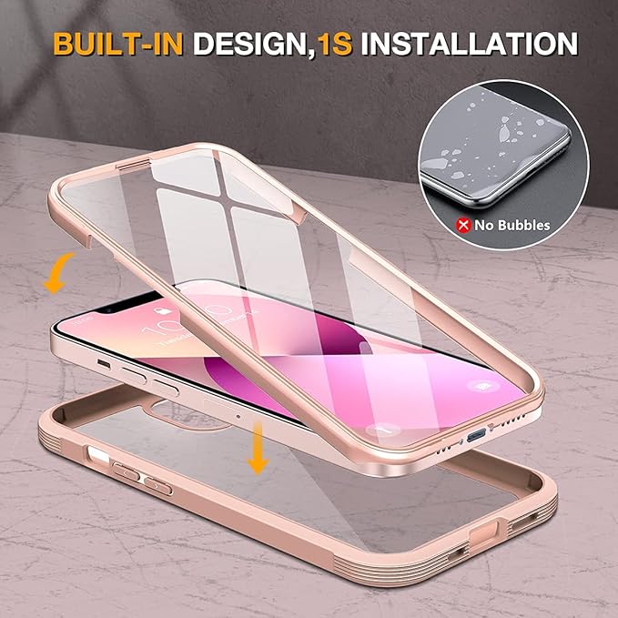 Miracase Compatible with iPhone 13 Mini case 5.4 inch, 2023 Upgrade Full-Body Glass Clear Case Bumper Case with Built-in 9H Tempered Glass Screen Protector for iPhone 13 Mini,Crystal Pink