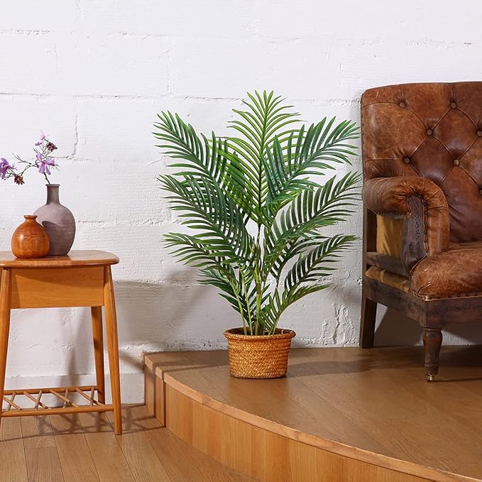 LOMANTO Fake Majesty Palm Plant 3Ft Artificial Plants for Home Decor Indoor Small Faux Trees in Pot Fake Tropical Plants for Housewarming Gift 2Pack