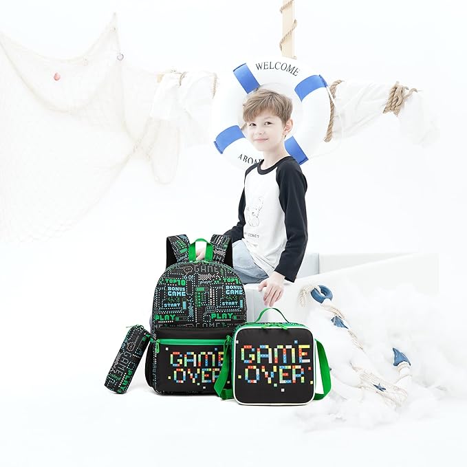 Game Backpack for School Boys Backpacks with Lunch Box Set Bookbag for Boys Travel Backpack Carry on Flight Approved Backpacks for School Kids