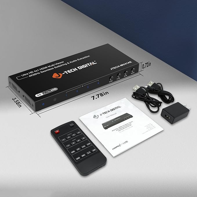 J-Tech Digital 4K HDMI Multiviewer Switch 4 in 1 Out, 4x1 4K 30Hz HDMI Quad Multiviewer Seamless Switcher with PiP, 6 Viewing Modes, Audio Extraction via Optical 3.5mm (JTECH-MV41AE)