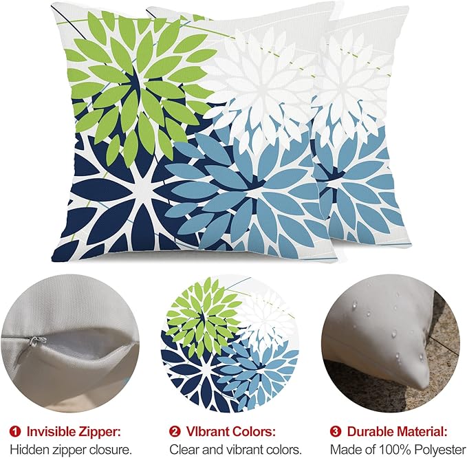 DFXSZ Outdoor Throw Pillow Covers 22x22 Inch Set of 2 Waterproof Spring Summer Geometric Elegant Blue Green Outdoor Pillow Covers for Patio Funiture Garden Couch 158Y22