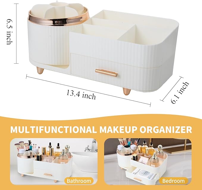 Makeup Organizer Countertop with Drawer 360 Rotating Brush Holder Storage Large Capacity Skincare Cosmetic Display Cases for Vanity Bathroom Desktop, Model 3016 White