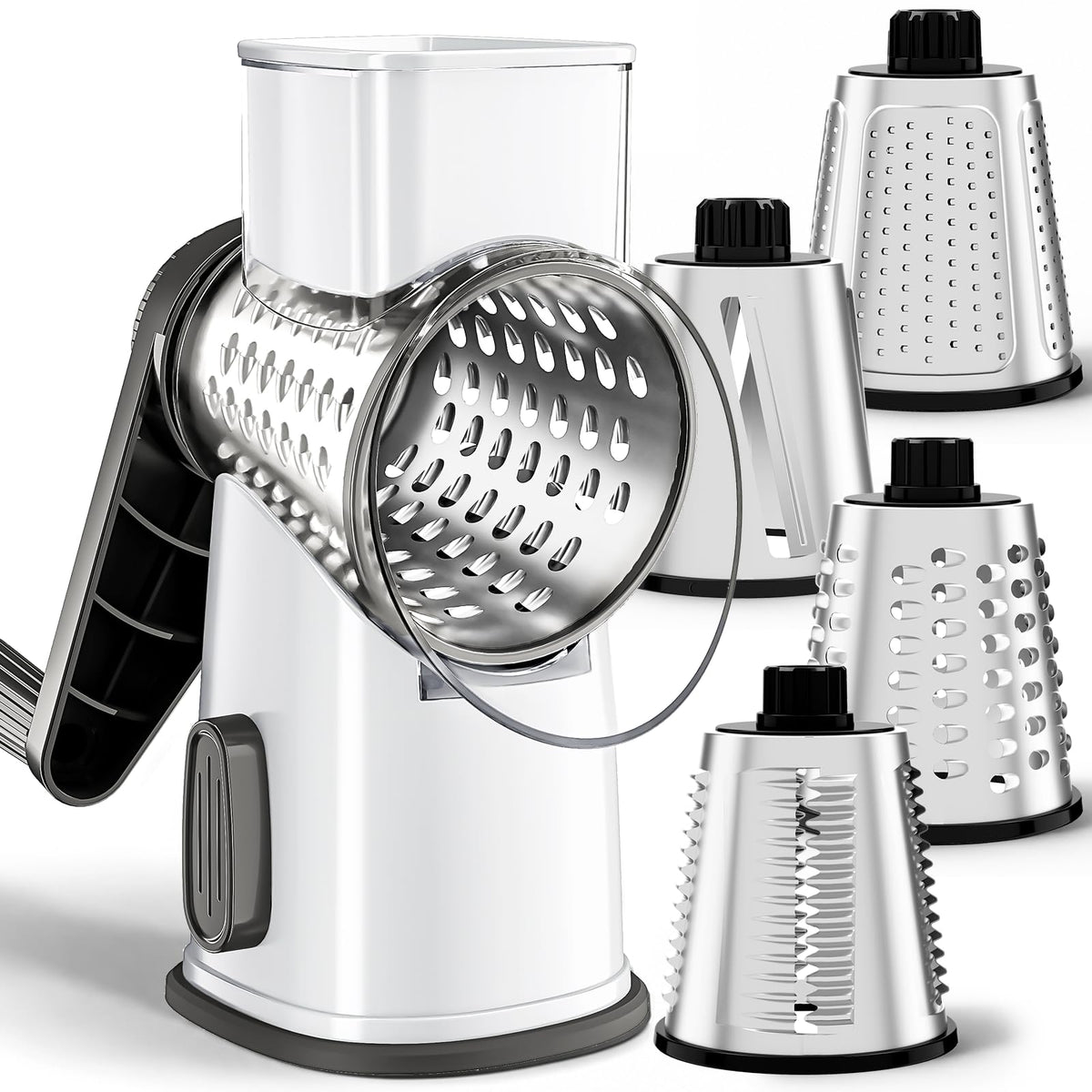 Weltonhm 4 in 1 Large Cheese Grater Hand Crank Rotary (White 4 Graters)
