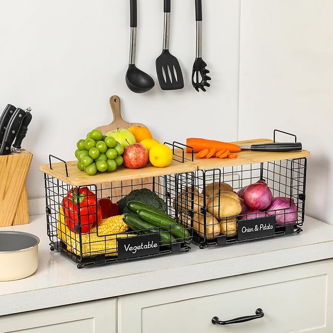 2 Set XL Stackable Wire Basket with Bamboo Tops & Tags- Pantry Organizer and Storage Bins, Kitchen Counter Cabinet Shelf Countertop Under Sink Organizing, Food Snack Produce Onion Potato Bread Storage
