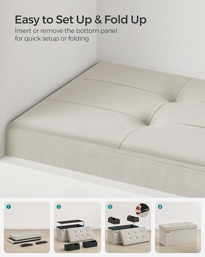 SONGMICS Mazie Collection - Storage Ottoman Bench, Foldable Foot Rest, 15 x 30 x 15 Inches, End of Bed Bench, Storage Chest, Load 660 lb, Living Room, Bedroom, Entryway, Cream White ULSF247W01