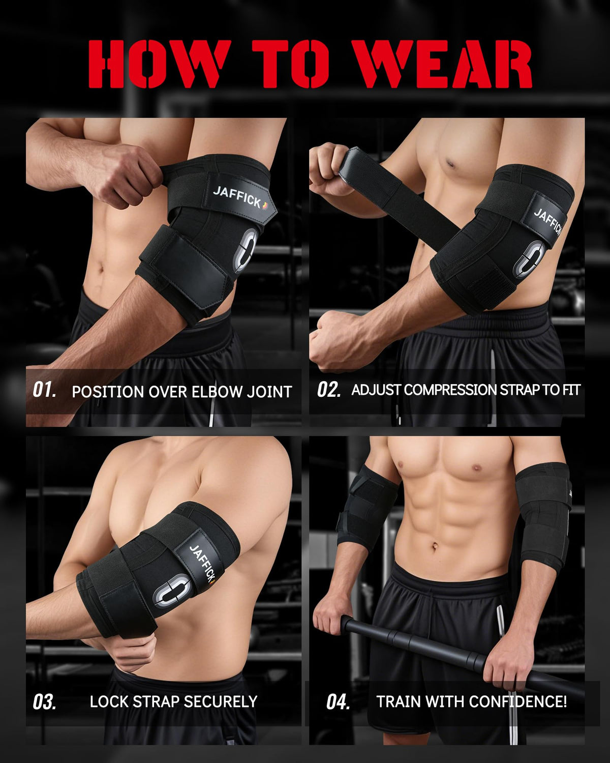 Jaffick Weightlifting Elbow Brace(1 Pair) - Elbow Sleeve with Dual Adjustable Compression Straps for Bench Press, Powerlifting, Pressing, Men & Women (Black, L)
