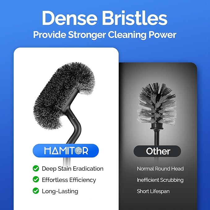 HAMITOR Toilet Brush and Holder Set:Stainless Steel Deep Clean Bathroom