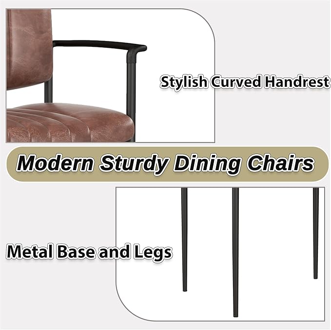 Mid-Century Modern PU Leather Dining Chairs Set of 4, Upholstered Kitchen Chairs with Arms and Metal Legs Adjustable Feet for Kitchen Dining Room(Brown)