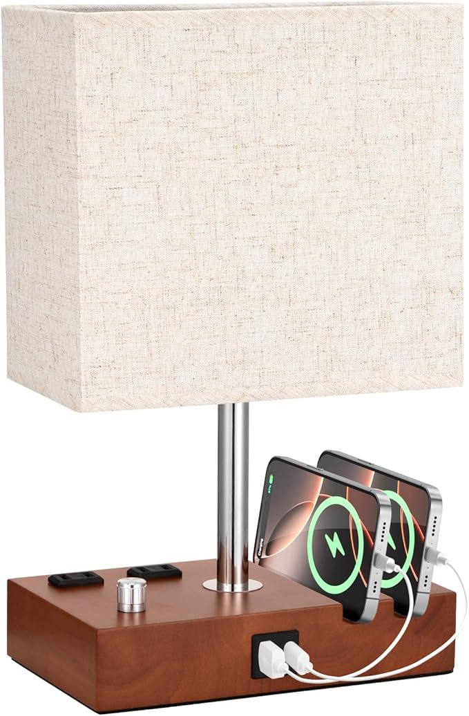 Kakanuo Fully Dimmable Nightstand Lamp for Bedroom with USB C Ports, Small Bedside Table Lamp with Charging Outlets and Phone Stands, Vintage Wooden Desk Lamp for Living Room, LED Bulb Included