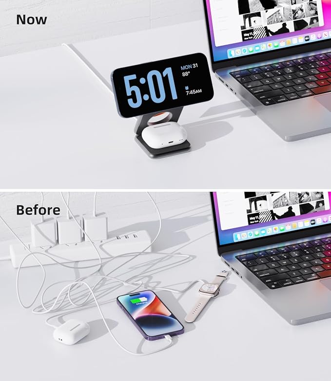 KU XIU Foldable 3 in 1 Magnetic Wireless Charging Station for Apple Devices | Aluminum Alloy Design Foldable Travel Charger Stand with 20W Adapter for iPhone 17-12 5W for Apple Watch & AirPods