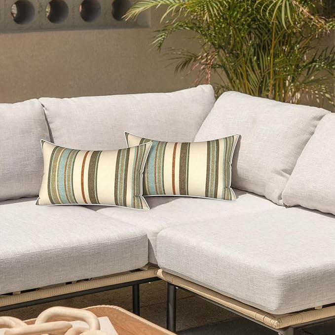 LVTXIII Outdoor Lumbar Pillow Covers 12"x20", Covers ONLY, 2 Pack 30x50cm Lumbar Cushion Cover with White Piping for Home Patio Garden Sofa Bench, Stripe Onyx