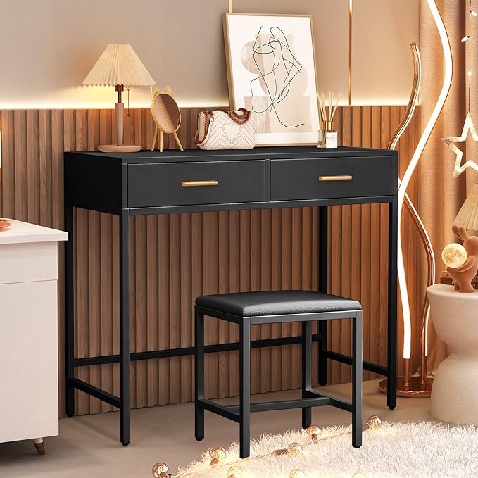 36" Vanity Desk, Small Makeup Vanity Desk with 2 Storage Drawers, Black Vanity Table for Girls Gifts, Bedroom Small Spaces