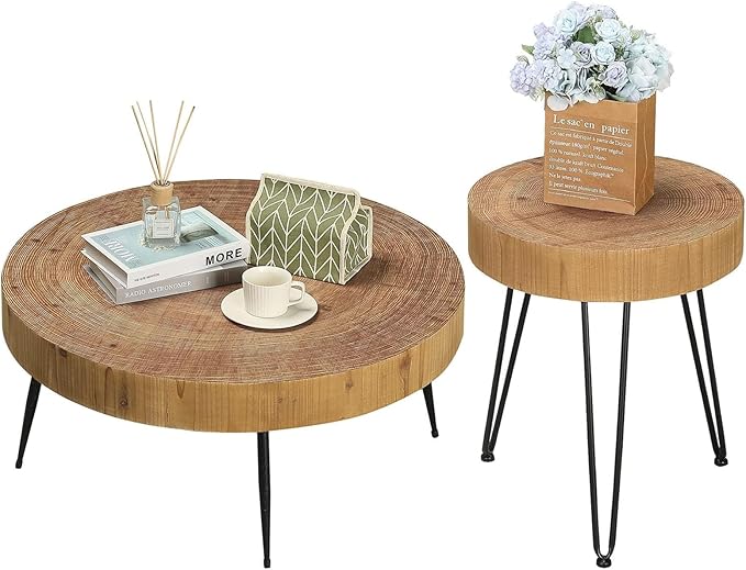 RUSTOWN Farmhouse Round Coffee Table Set of 2, Natural Wood Finish with Unique Ring Design, Modern Circle Side and End Table Sets for Living Room, Natural