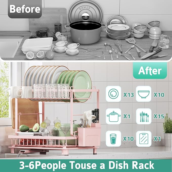 Multifunctional Dish Drying Rack - Rustproof, 2-Tier Dish Racks with Drainboard, Space-Saving Design, Utensil & Cup Holder for Kitchen Counter, Pink