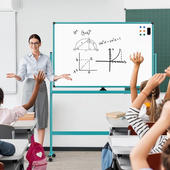 Large Dry-Erase Rolling Magnetic Whiteboard - 48 x 32 Inches Dry Erase Board with Stand Height Adjust Double Sides Mobile White Board Easel on Wheels with 25 Sheets Paper Pad Office, Home & Classroom