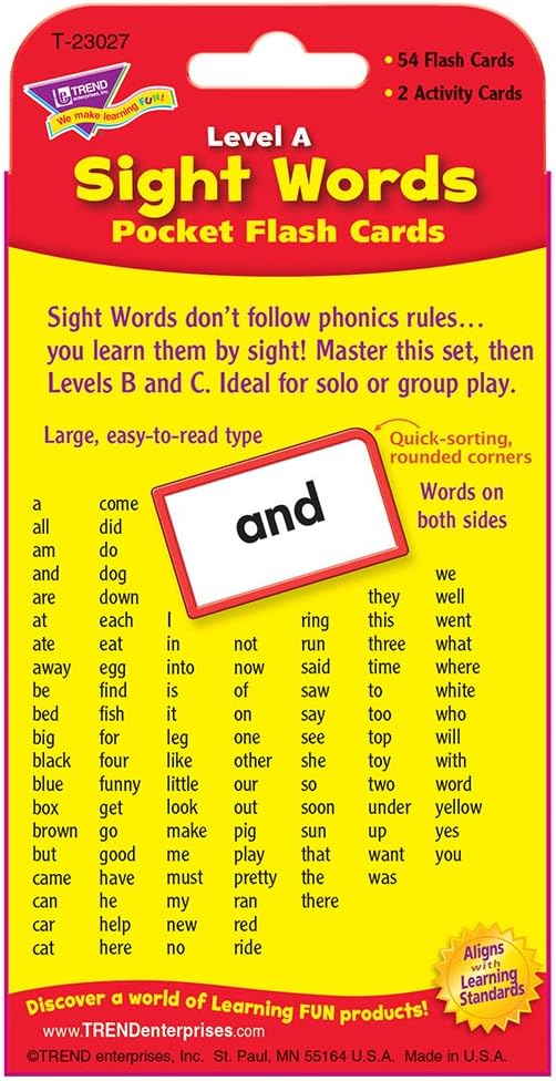 Trend Enterprises: Sight Words Level A Pocket Flash Cards, Great for Skill Building and Test Prep, 56 Two-Sided Cards Included, 108 Commonly-Used Words, for Ages 4 and Up