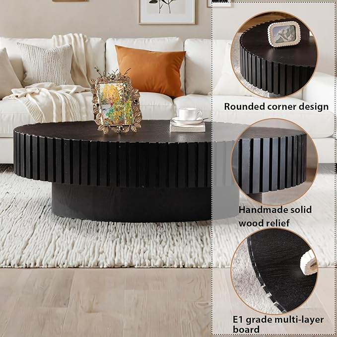 Oval Coffee Table, Handcrafted Fluted Drum Coffee Tables Modern Wood Coffee Table Drum Center Table for Living Room, Apartment (Oval Black)