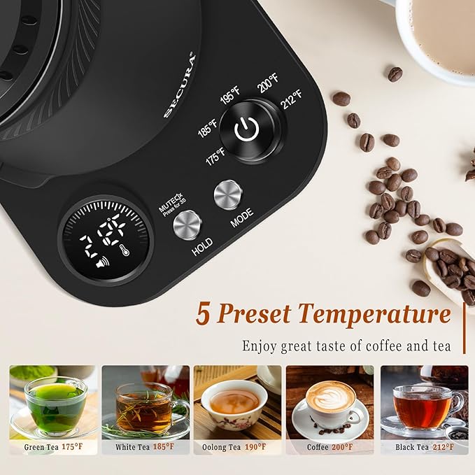 Secura Electric Gooseneck Kettle with 5 Temperature Control Presets, 100% Stainless Steel Inner Tea/Coffee Kettle with 1.5H Keep Warm, 1200 Watt Quick Heating for Coffee Tea Brewing, 0.8L, Matte Black