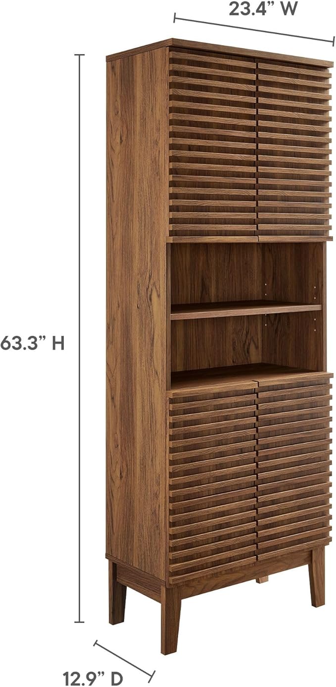 Modway Render Tall Bathroom Storage Tower in Walnut - 63” Freestanding Linen Cabinet with Open Shelves and 4 Soft-Close Doors - Towel and Makeup Organizer