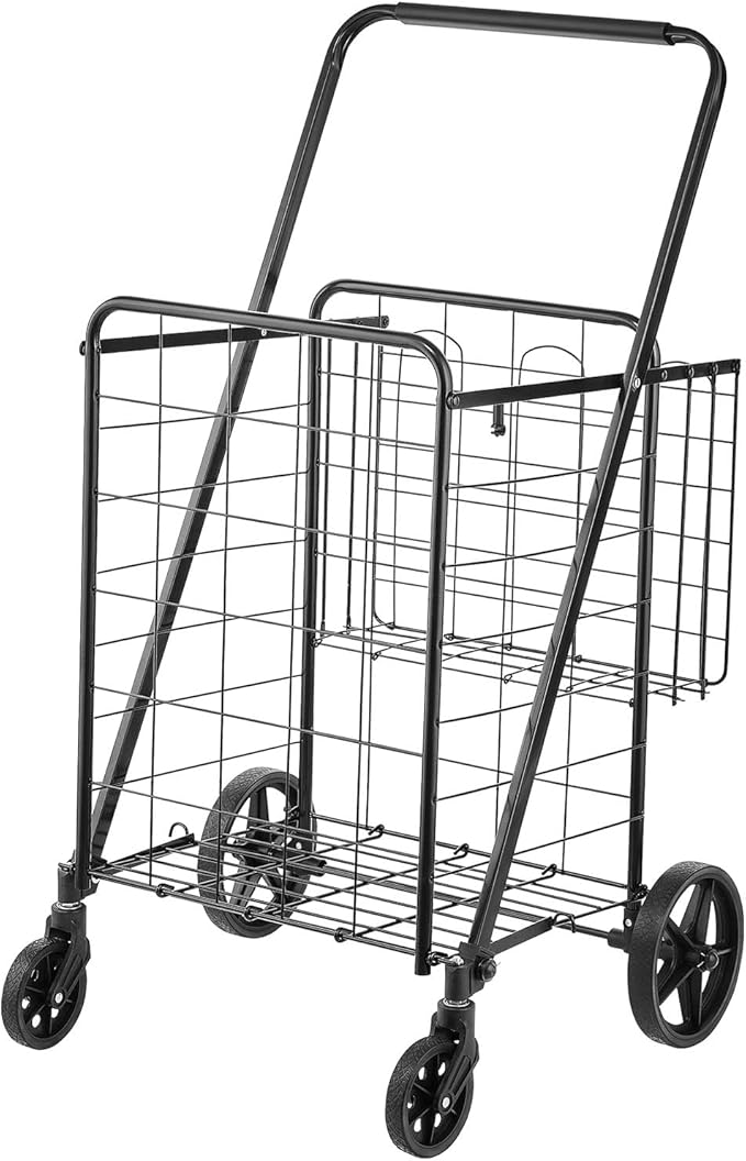 VEVOR Folding Shopping Cart, Jumbo Grocery Cart with Double Baskets, 360° Swivel Wheels, Heavy Duty Utility Cart, 110 LBS Large Capacity Utility Cart for Laundry, Shopping, Grocery, Luggage, Black