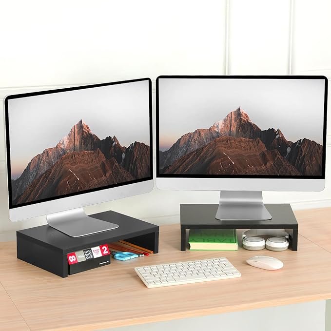TEAMIX Wood Monitor Stand Riser-2 Pack, 2 Tier Adjustable Monitor Stand Dual Monitor Riser for 2 Monitors/Laptop/PC Black Computer Stand for Desk