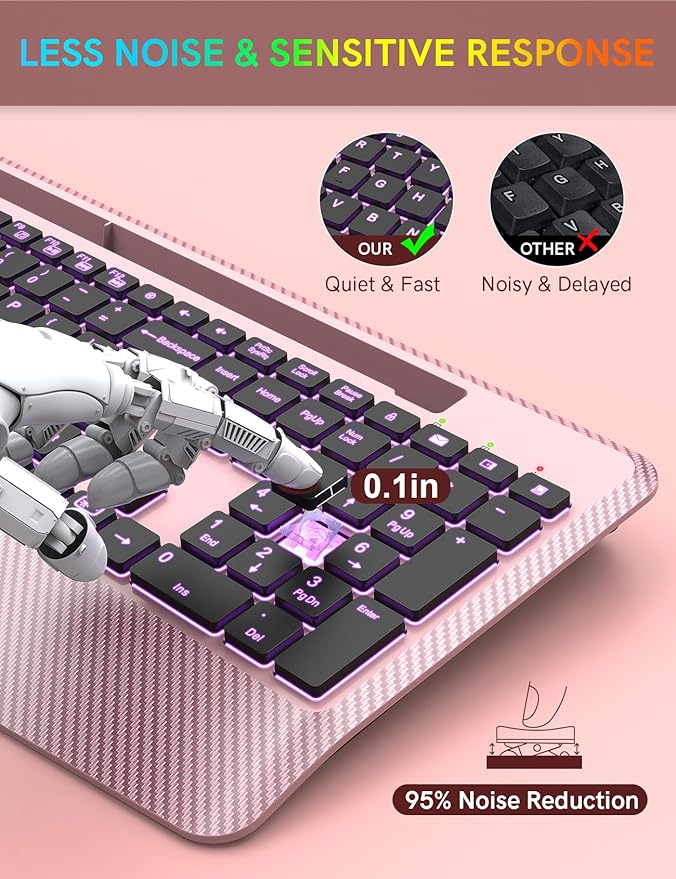 Wireless Keyboard with 7 Colored Backlits Wrist Rest, Phone Holder, Rechargeable Ergonomic Computer Keyboard with Silent Key, Full Size Lighted Keyboard for Windows, Mac, PC, Laptop (Rose gold)