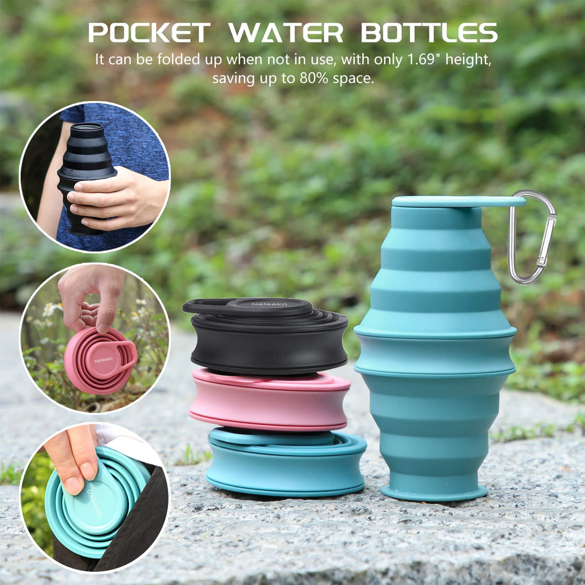 Nefeeko Collapsible Water Bottle,2 Pack 17oz Reuseable BPA Free Silicone Foldable Water Bottles for Travel Gym Camping Hiking, Portable Leak Proof Sports Water Bottle with Carabiner