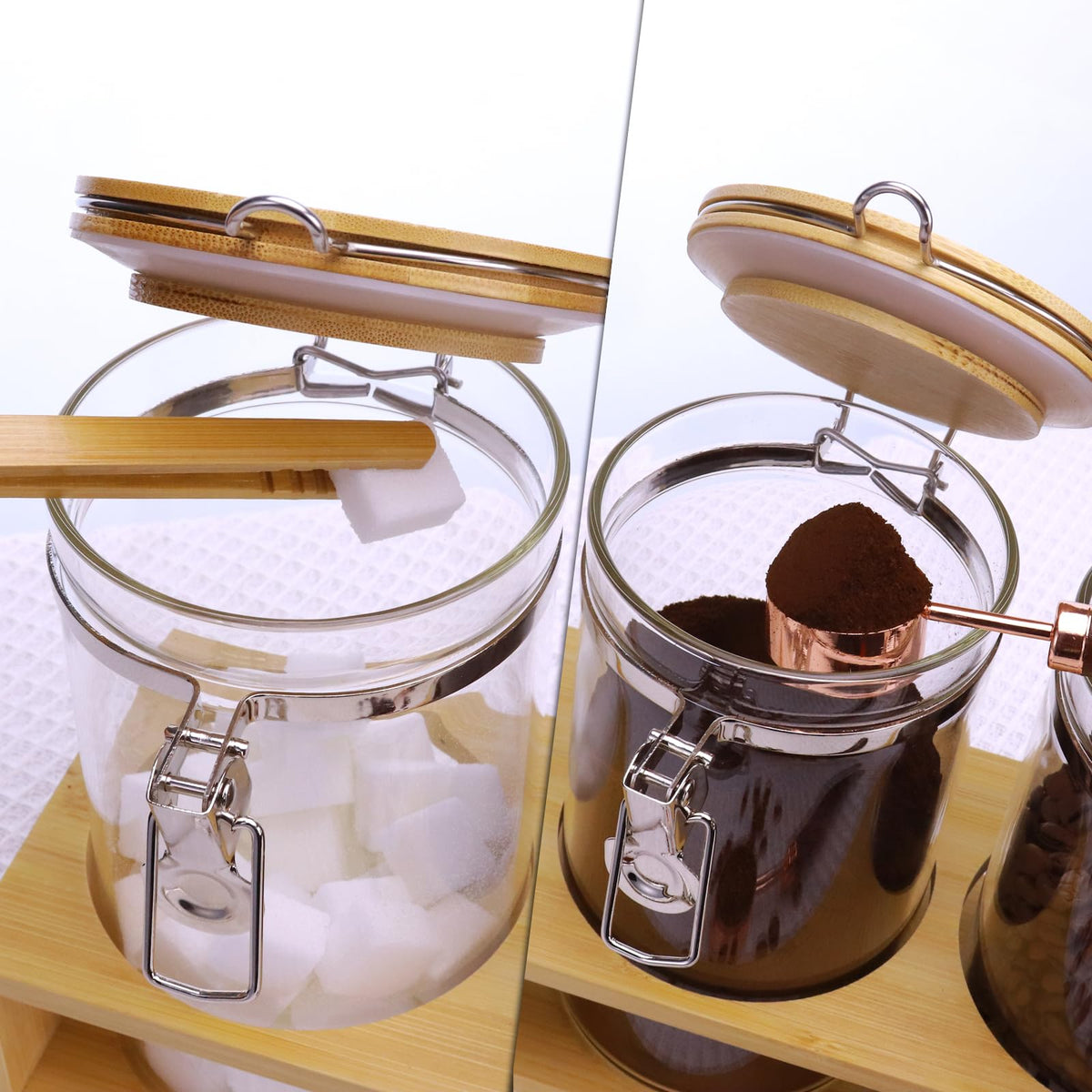 Matifaner Glass Coffee Storage Containers with Bamboo Shelf,Ground Coffee Holder Jars,Airtight Glass Countertop Storage Jar Canisters with Spoon for Coffee,Loose Tea,40 Fluid-oz,Pack of 3
