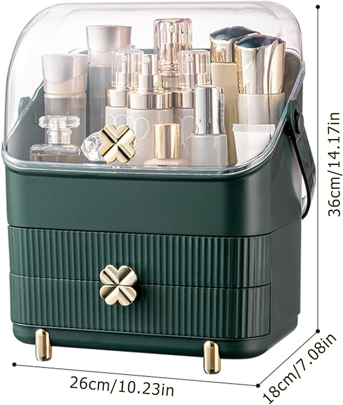 Preppy Skincare Organizers Makeup Organizer Holder Cosmetic Storage Box Display Case 3 Tiers Dust Free Cover Portable Handle 2 Rroomy Drawers Gift Great For Bathroom Countertop Dresser Dark Green