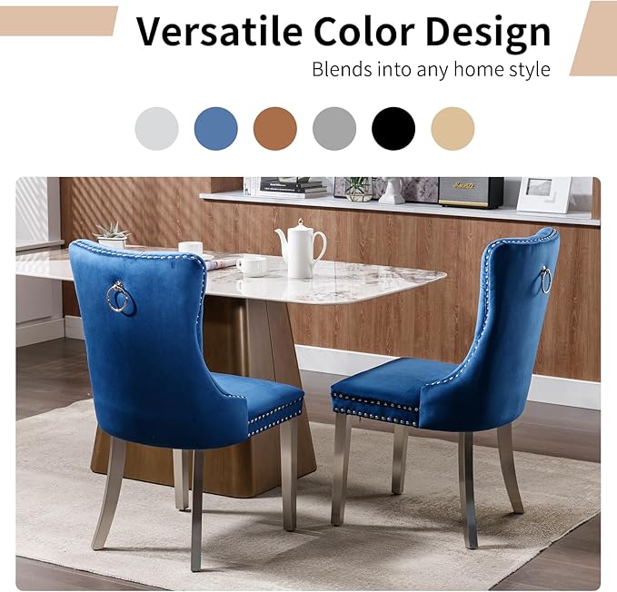 Luxury Upholstered Dining Chairs Set of 4, Blue Kitchen Chair with Silver Metal Legs, Velvet Tufted Back Dining Chair, Sillas de Comedor, Modern Kitchen & Dining Room Chairs (Blue, 4 Pcs)