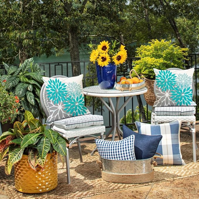 DFXSZ Outdoor Throw Pillow Covers 18x18 Inch Set of 2 Waterproof Spring Summer Geometric Elegant Aqua Blue Outdoor Pillow Covers for Patio Funiture Garden Couch 168C18