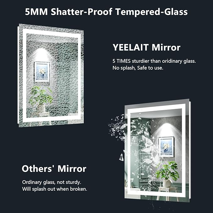 YEELAIT 28x32 Inch LED Bathroom Mirror with Lights Front and Backlit Lighted Vanity Mirror for Bathroom Wall with 3 Colors Dimmable Anti-Fog Memory Shatter-Proof IP54 Waterproof Horizontal/Vertical