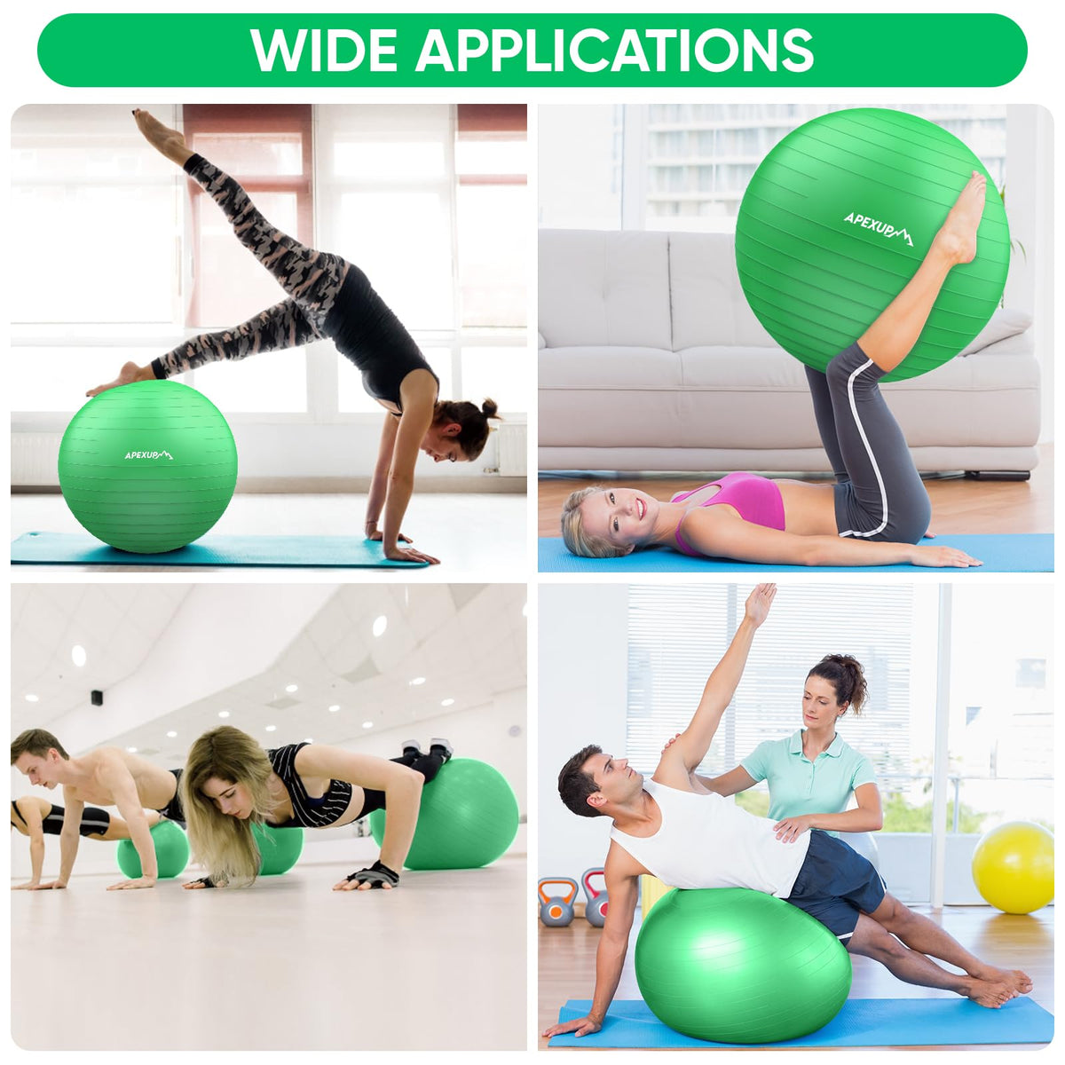 APEXUP Yoga Ball, 660 lbs Anti-Burst Exercise Ball with Pump, 5 Sizes (XXL(31"~34") 85cm, Dark Green)