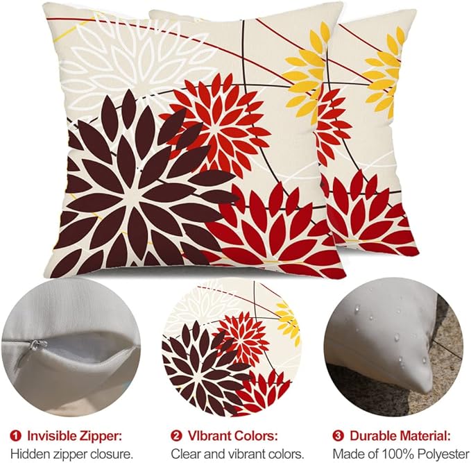 Red Brown Outdoor Pillow Cover 16X16 Inch Set of 2 Outdoor Waterproof Fall Floral Brown Decorative Pillowcase Decor for Couch Patio Funiture Garden Print Polyester Cushion Cover 01K16