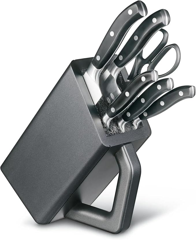Victorinox Grand Maitre Cutlery Block - Modern Block with Knives - Includes Kitchen Scissors, Chef's Knife, Santoku & More - Black Handles, 6-Piece Set