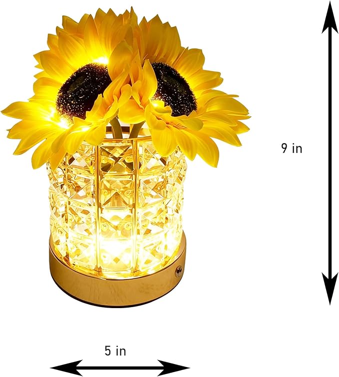 Crystal Cube LED Night Light with Sunflower Vase, USB Rechargeable Table Lamp, 3 Color Modes, Touch Control, Decorative Accent Light for Bedroom, Home (Crystal Column/Pillar (Sunflower))