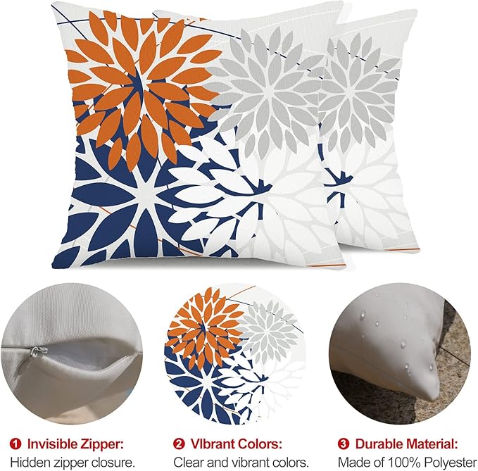 DFXSZ Outdoor Throw Pillow Covers 20x20 Inch Set of 2 Waterproof Spring Summer Geometric Elegant Orange Blue Outdoor Pillow Covers for Patio Funiture Garden Couch 158V20
