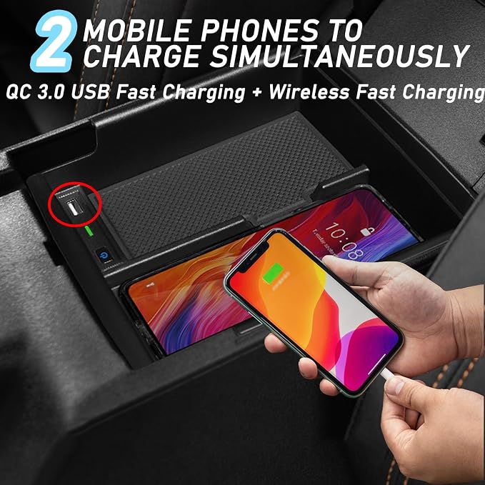 Wireless Car Charger for Ford Bronco (2021-2024) Wireless Charging Center Console Tray Interior Accessories 10w Wireless and USB Qc3.0 Fast Charging