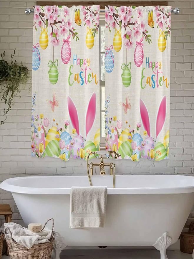 Happy Easter Living Room Curtains 72 Inches length, Spring Farmhouse Bunny Eggs