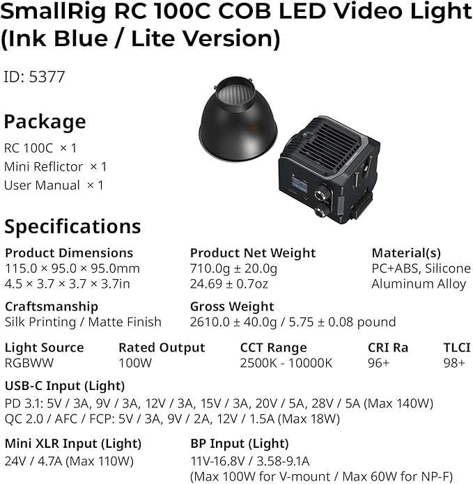 SmallRig RC 100C RGBWW LED Video Light, with App Control, 100W Mini COB Continuous Output Lighting, Handheld Spotlight 2700-10000K/CRI 96+/TLCI 98+/12 Effects, 11000Lux/1m, Lite Version Ink Blue, 5377