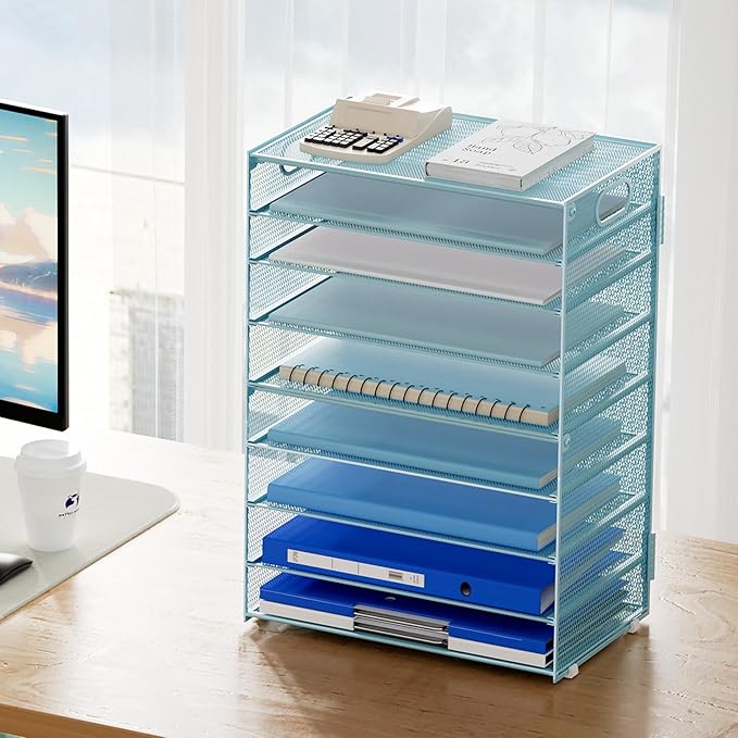 Marbrasse Paper Organizer Letter Tray, 9 Tier Mesh File Organizer with Handle, Paper Sorter Desk Organizer for Home Office Supplies - Blue