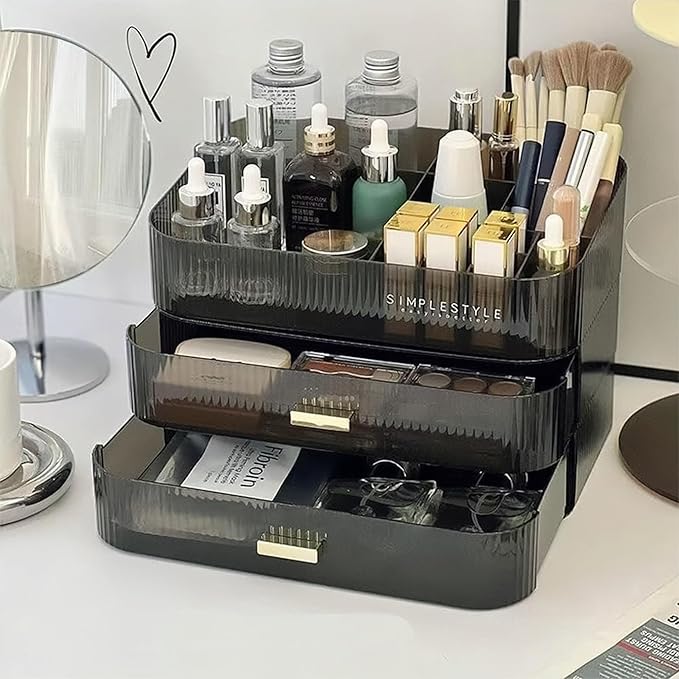 Makeup Organizer for Vanity, Large Desk Organizer with Stackable Drawer for Cosmetics, Skincare, Lipsticks, Palette, Nail Care, Ideal Storage for Dresser and Bathroom Countertop- Black