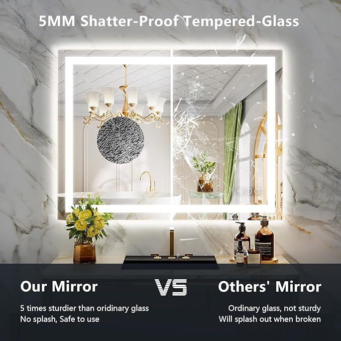 YEELAIT 40x30 Inch LED Bathroom Mirror with Lights Front and Backlit Lighted Vanity Mirror for Bathroom Wall with 3 Colors Dimmable Anti-Fog Memory Shatter-Proof IP54 Waterproof Horizontal/Vertical