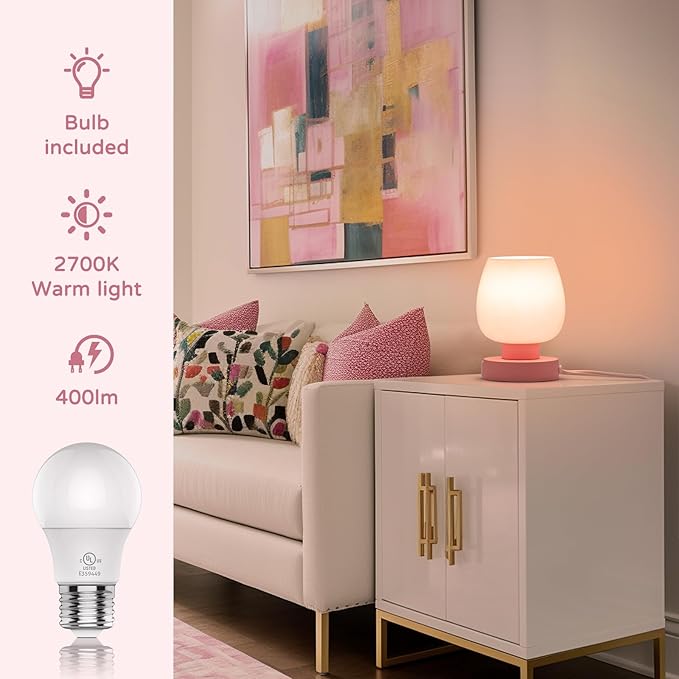 ONEWISH Pink Touch Table Lamp with USB Charging - 3 Way Dimmable Small Lamp for Bedroom, Warm LED Bulb Included, 2 Packs