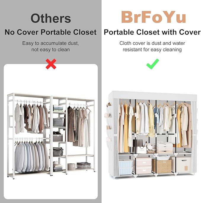 Portable Closet for Hanging Clothes, 67 Inch Wide Portable Wardrobe Closet with Cover, 4 Hanging Rod, Storage Shelves and Side Pockets, Large Free Standing Closet for Bedroom, White