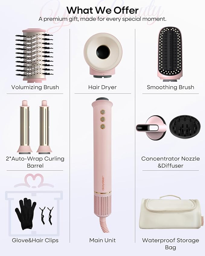 okaydeer 7 in One Hair Dryer Brush with Auto Wrap Curlers, Negative Ionic, No Heat Damage, Blow Dryer, Fast Drying & Frizz-Free Styling, Hot Air Styler, Straightener&Volumizing Brush with Storage Bag