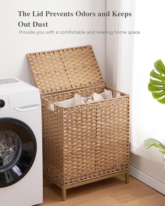 Laundry Hamper with Lid, 112 L Handwoven Rattan Wicker Laundry Basket, 2 Removable Liner Bags Metal Heightened Feet, 6 Mesh Bags, 2 Section Large Clothes Hamper for Bathroom Bedroom, Natural