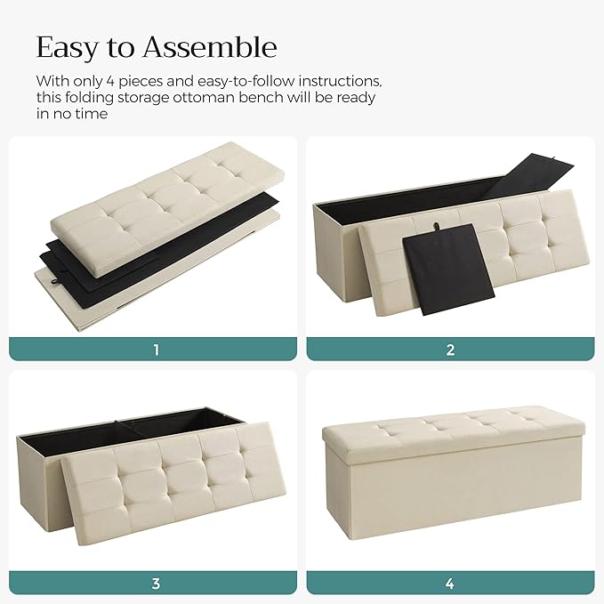 SONGMICS 43 Inches Folding Storage Ottoman Bench, Set of 2, Storage Chest, Foot Rest Stool, Bedroom Bench with Storage, Beige, ULSF429W02
