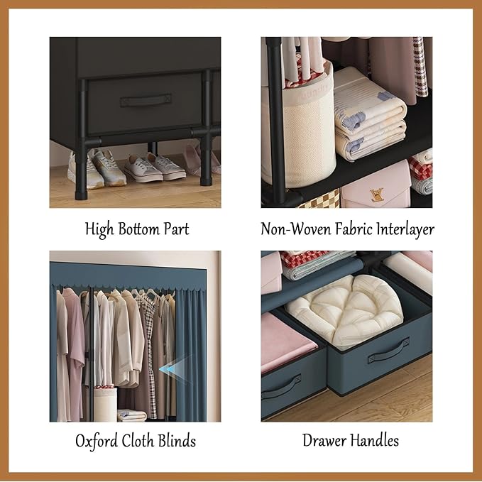 Portable Closet,Garment Rack,Heavy Duty Clothes Rack with Cover,Wardrobe Closet with 1 Hanging Rods, 2 Storage Shelves and 3 Drawers,43.3" L x 17.7" W x 67.7" H,Black