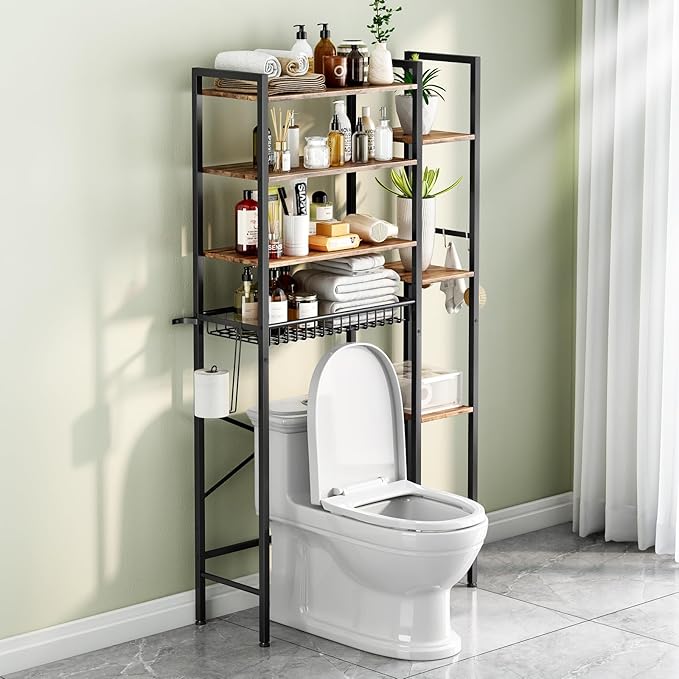 8-Tier Over The Toilet Storage with Side Rack, Over Toilet Storage Rack with Adjustable Shelf & Drain Basket, Freestanding Bathroom Organizer for Balcony, Laundry (Vintage Brown)